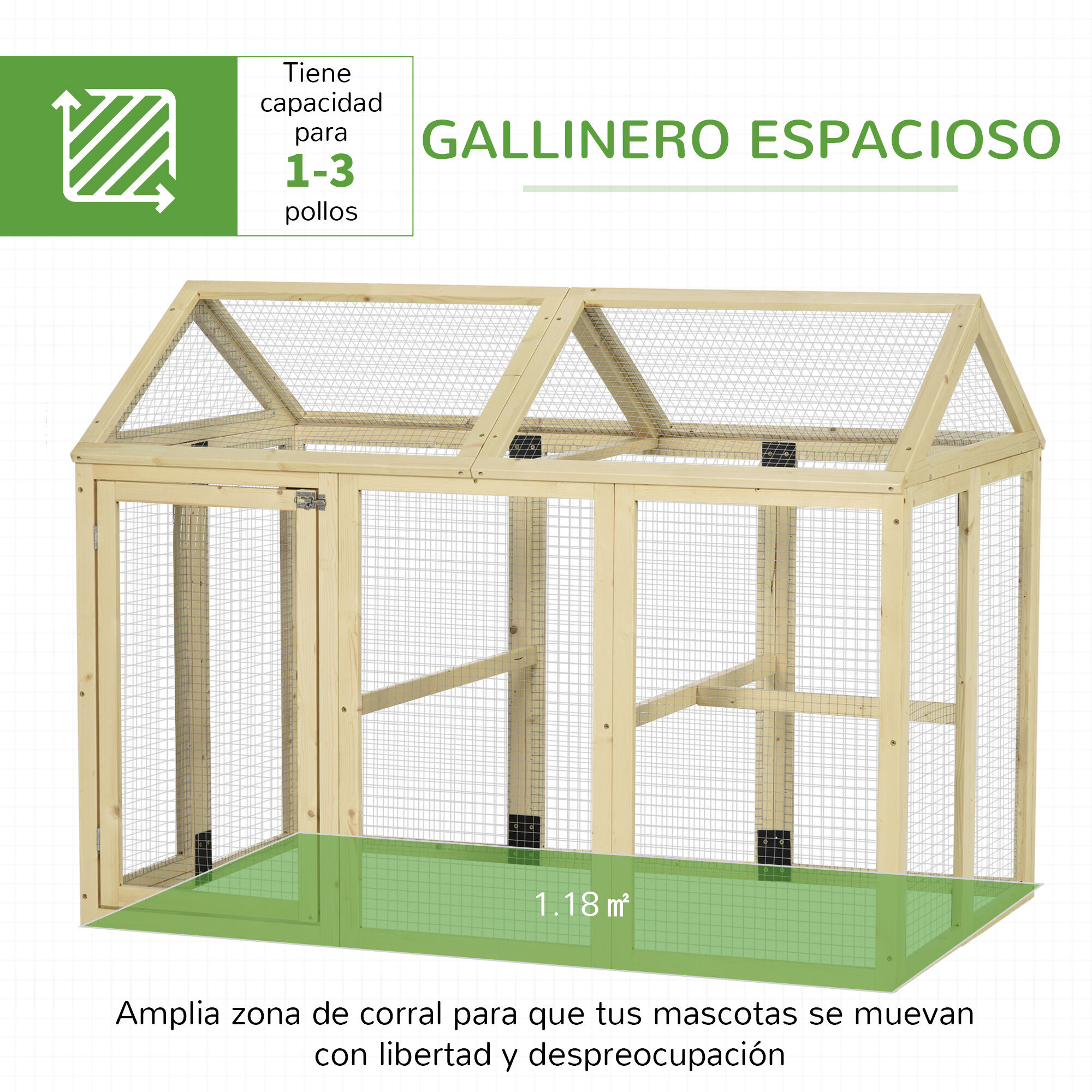 PawHut Gallinero para Exterior, 140x88,5x106 cm, Gallinero de Madera para 1-3 Gallinas con 3 Perchas y 2 Puertas con Cierre, para Gallinas, Conejos, Patos, Madera Natural, , large Imagen numero 4
