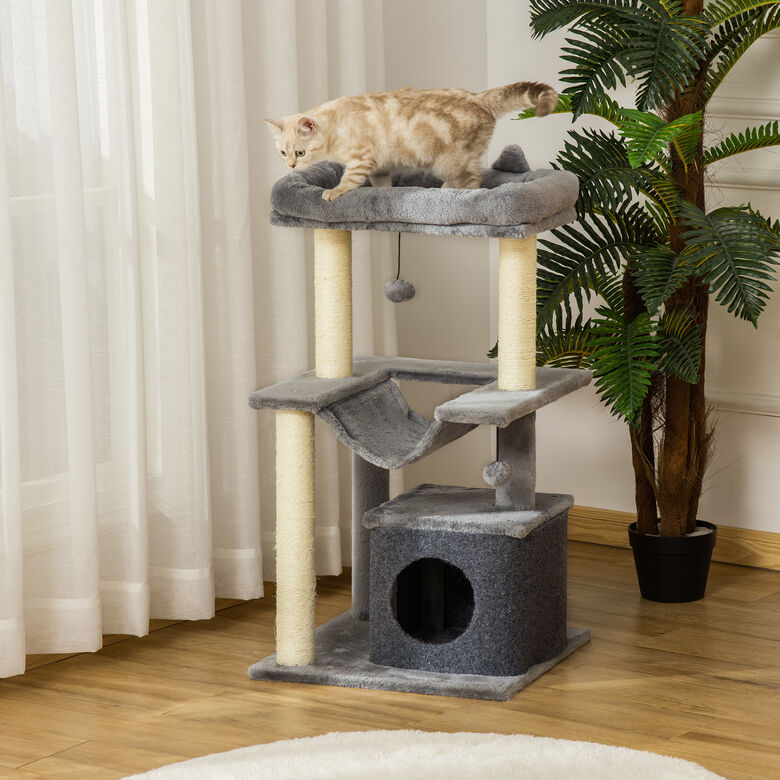 PawHut Árbol Rascador de 3 Niveles con Nido Hamaca gris para Gatos thumbnail
