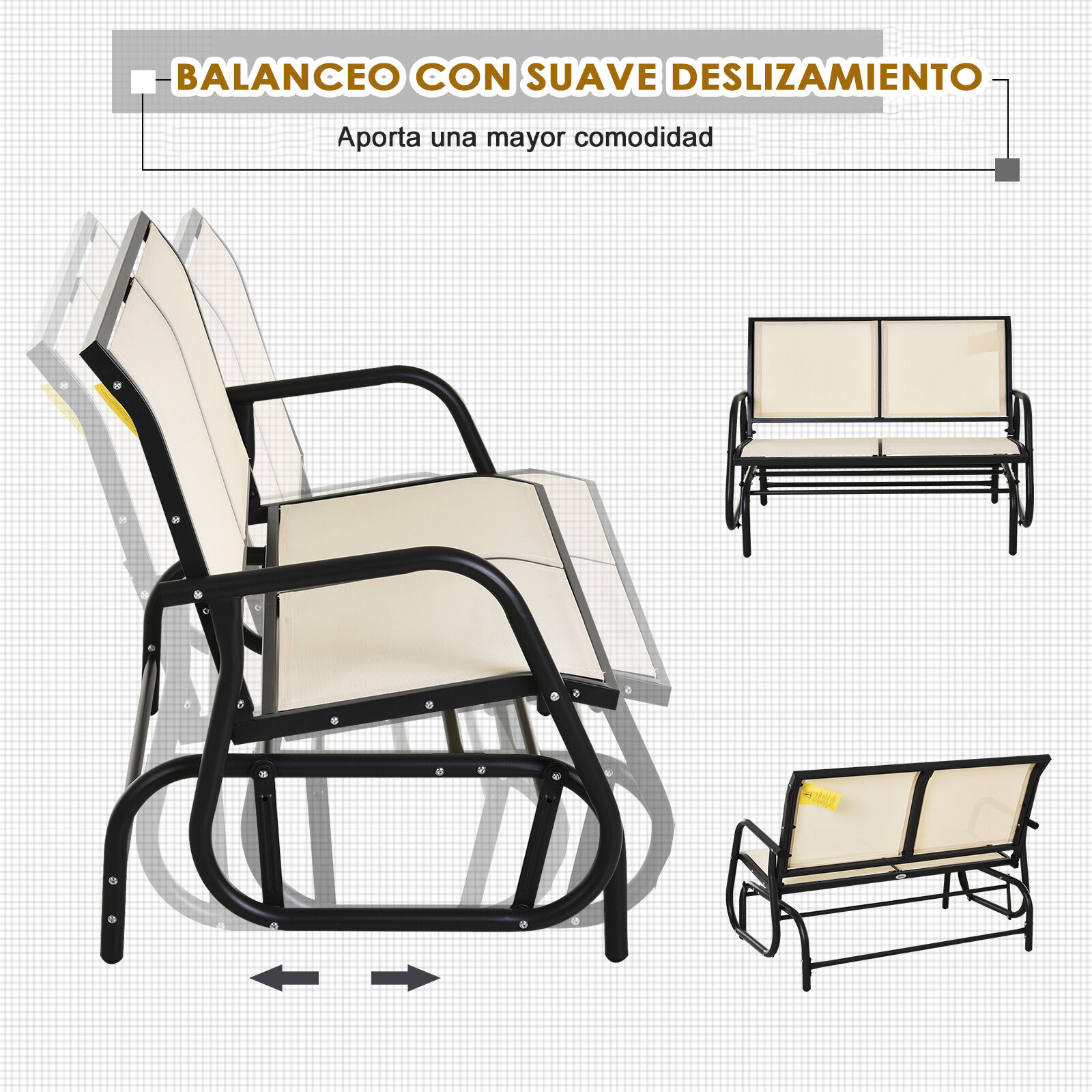 Outsunny Banco Balanc&iacute;n de 2 Plazas Silla Mecedora de Jard&iacute;n Tubo de Metal y Tela Texteline Transpirable para Exterior Carga M&aacute;x. 200 kg 120x70x85 cm Beige, , large Imagen numero 4