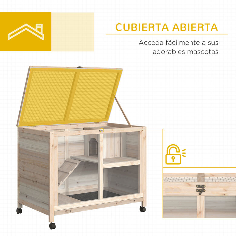 Pawhut Conejera Con Ruedas Madera Natural para conejo thumbnail