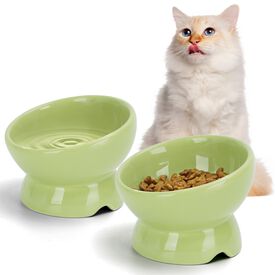Nobleza - Comedero Cerámica para Gatos, Comedero para Gatos Elevado con Inclinación de 15°, Reducir la Presión del Cuello y Prevenir los Vómitos, Comedero Gato para Gatos y Cachorros, Verde