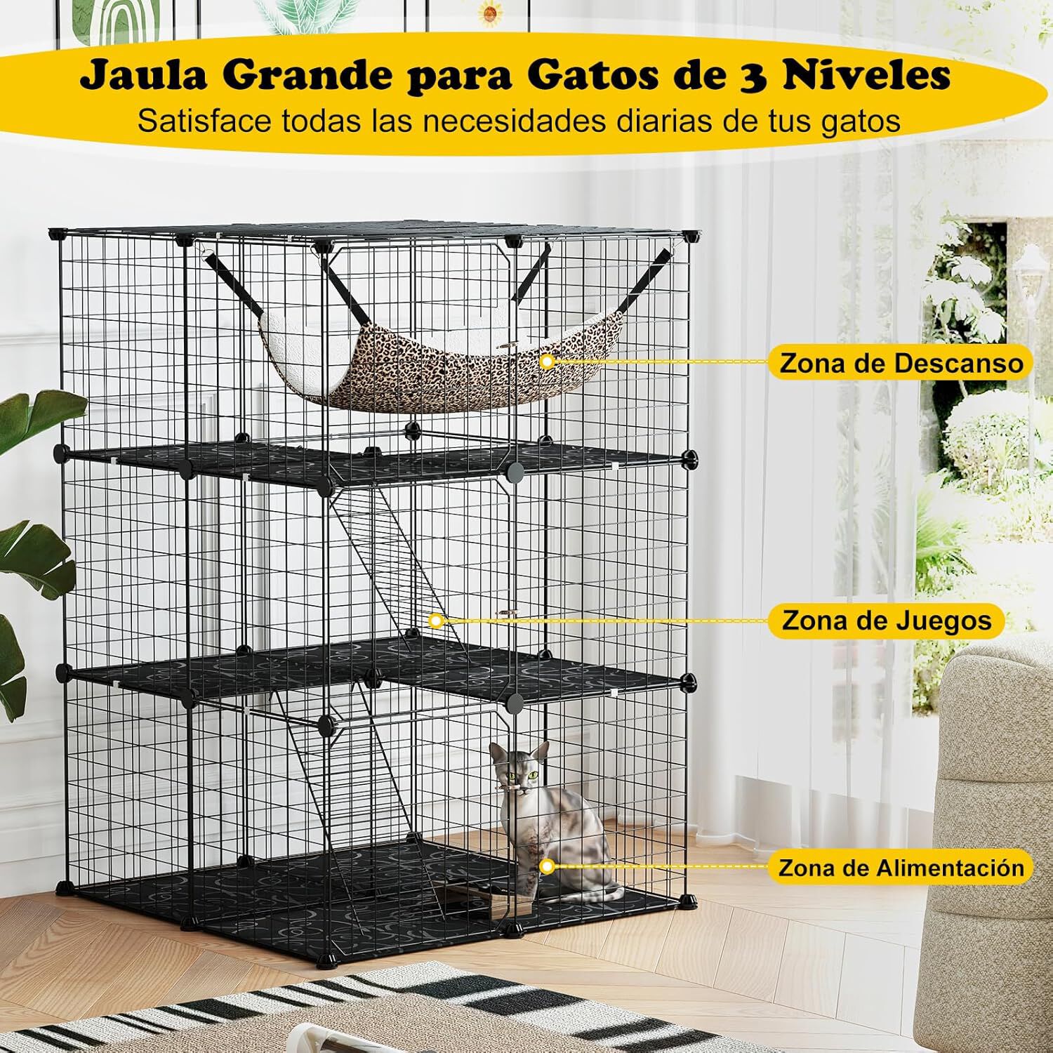 COSTWAY Jaula Grande de 3/4 Niveles para Gatos Con Hamaca, 3 Escaleras, 4 Puertas y Ventana en el Techo, Estructura Met&aacute;lica de Interior (74 x 74 x 107 cm), , large Imagen numero 3