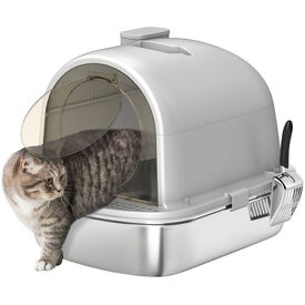 PawHut Arenero para Gatos de Acero Inoxidable con Cubierto Caja de Arena para Gatos Arenero con Bolsa Desodorizante Pala Fácil de Limpiar 52,4x41,3x39,9 cm Gris