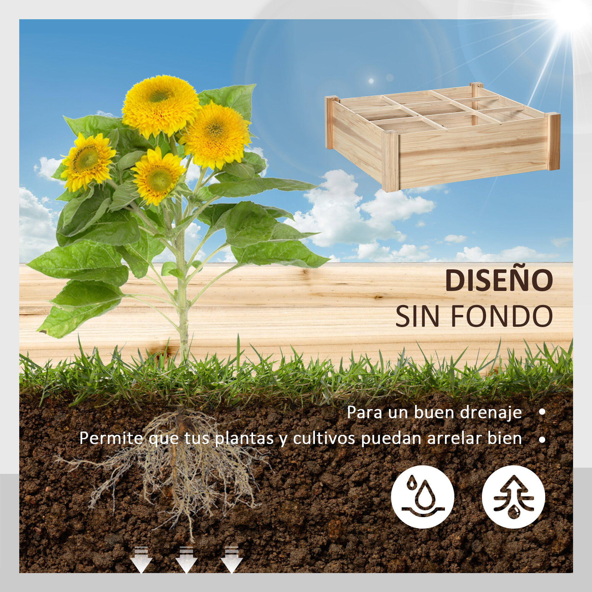 Outsunny Huerto Urbano de Madera Cuadrada 90x90x28 cm con 9 Compartimentos Extra&iacute;bles Arriate de Jard&iacute;n para Cultivos Plantas Flores Natural, , large Imagen numero 5