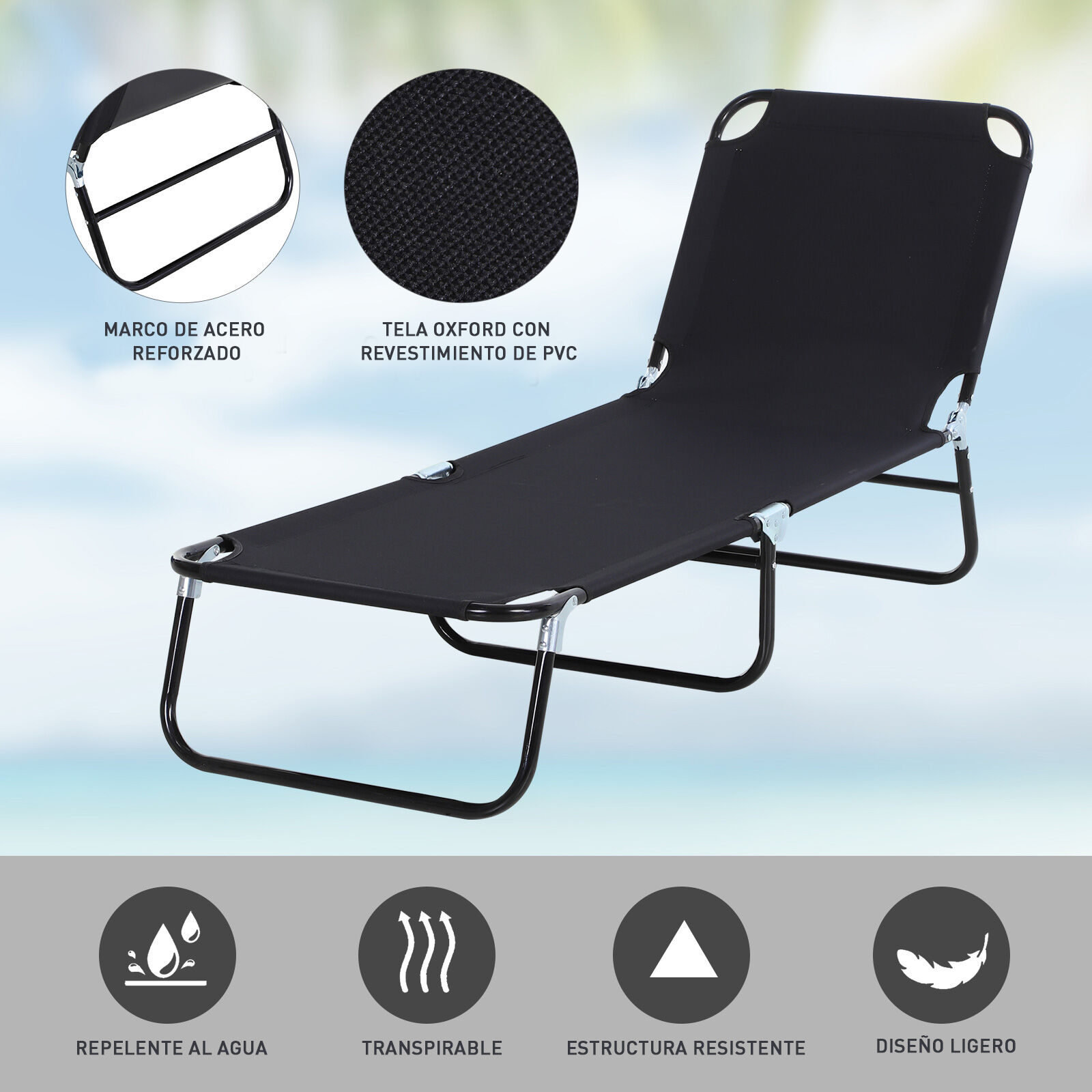 Outsunny Tumbona Plegable Reclinable con &Aacute;ngulo Ajustable de 5 Posiciones para Jard&iacute;n Exterior Piscina Terraza Camping Carga 120 kg 188x56x28 cm Negro, , large Imagen numero 5