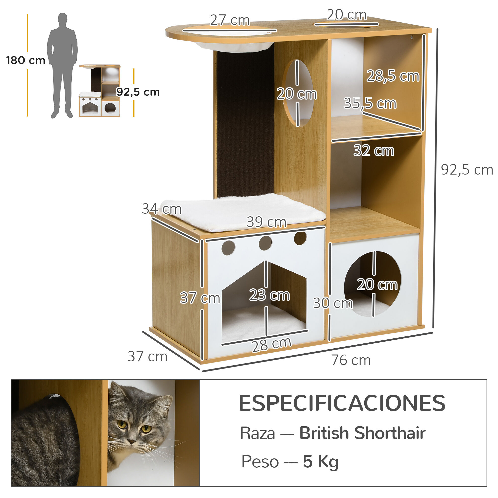 PawHut &Aacute;rbol Rascador para Gatos de Madera 92,5 cm Torre para Gatos para Gatitos de Interior con 2 Cuevas Rascador Hamaca y Cojines de Felpa 76x37x92,5 cm Roble, , large Imagen numero 3