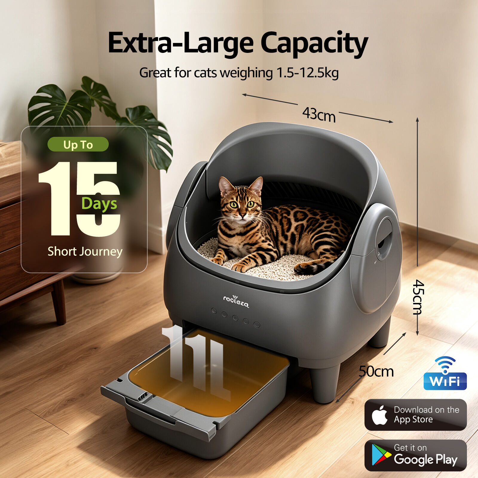 Nobleza Arenero Autolimpiable Abierto para Gatos de 1-15kg &ndash; Control por App, Dep&oacute;sito 11L (15 d&iacute;as), Sensores de Seguridad, Incluye 3 Rollos de Bolsas + 5 Pastillas Desodorantes &ndash; Gris, , large Imagen numero 2