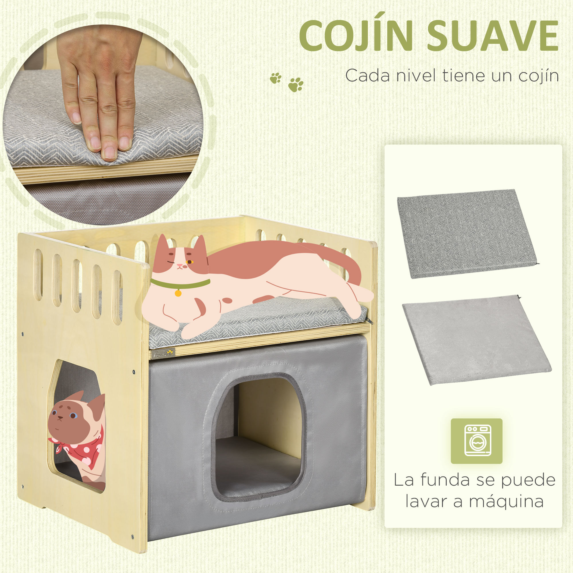 PawHut Cama para Gatos de Madera Cueva para Gatos Casa para Gatos de Interior con 2 Cojines y Cubierta de Tela Oxford Extra&iacute;ble 48x38x47 cm Natural, , large Imagen numero 4