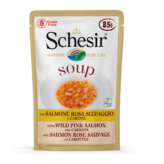 Schesir Soup salmón rosado con zanahoria sobre para gatos