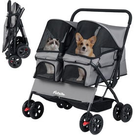 COSTWAY Carrito para Perros Doble, Cochecito Plegable para Perros con 2 Portabeb&eacute;s, Sombrilla Ajustable, Almohadilla Extra&iacute;ble, Cintur&oacute;n de Seguridad, Cesta, Carro Mascotas, Carga 12 kg uno (Gris)