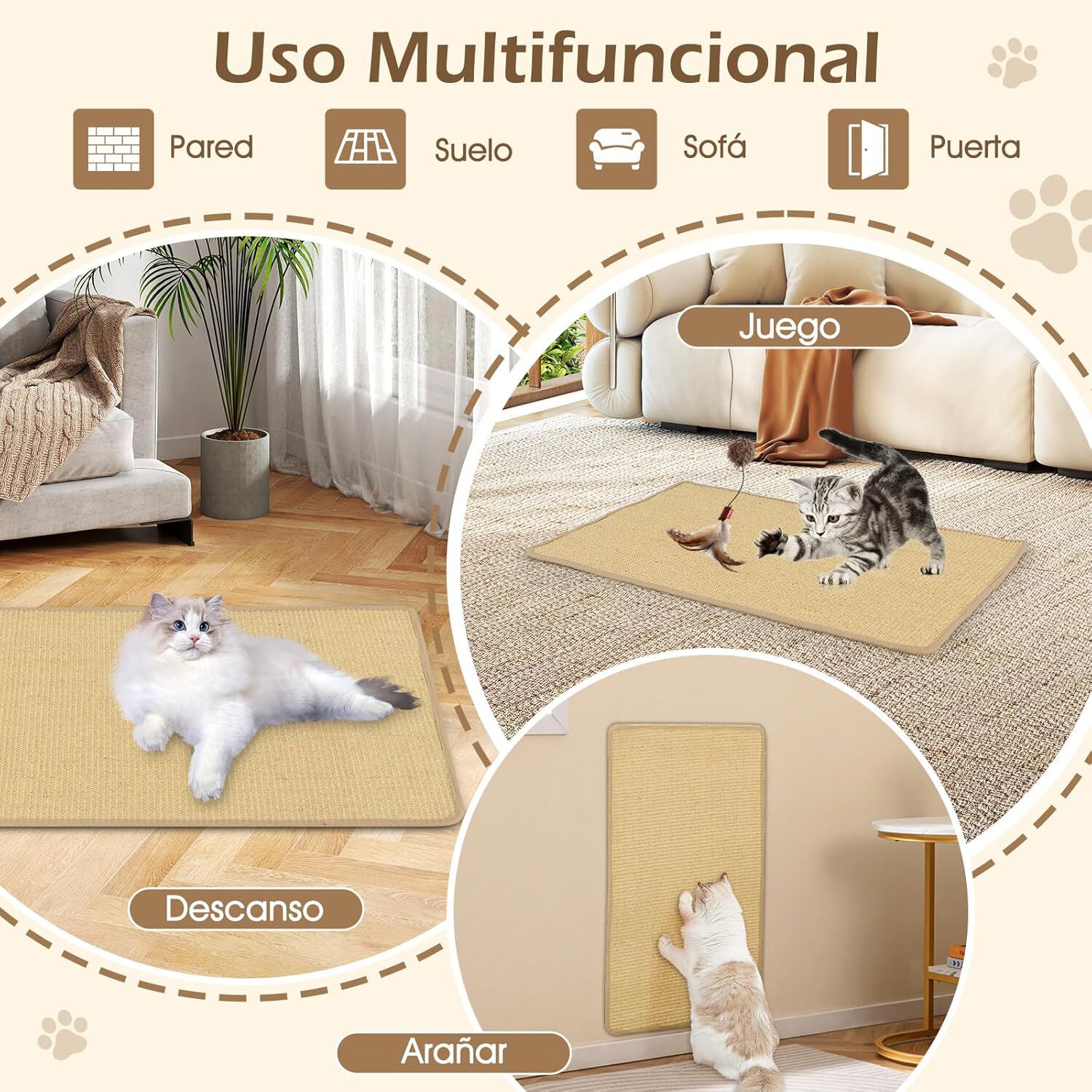 COSTWAY Juego de 2 Alfombrillas Rascadoras para Gatos, 80 x 50 cm Almohadillas de Sisal Natural, Alfombras Rascadoras Horizontales con Cintas Adhesivas de Ganchos y Bucle, Protegen Muebles, Sofás thumbnail