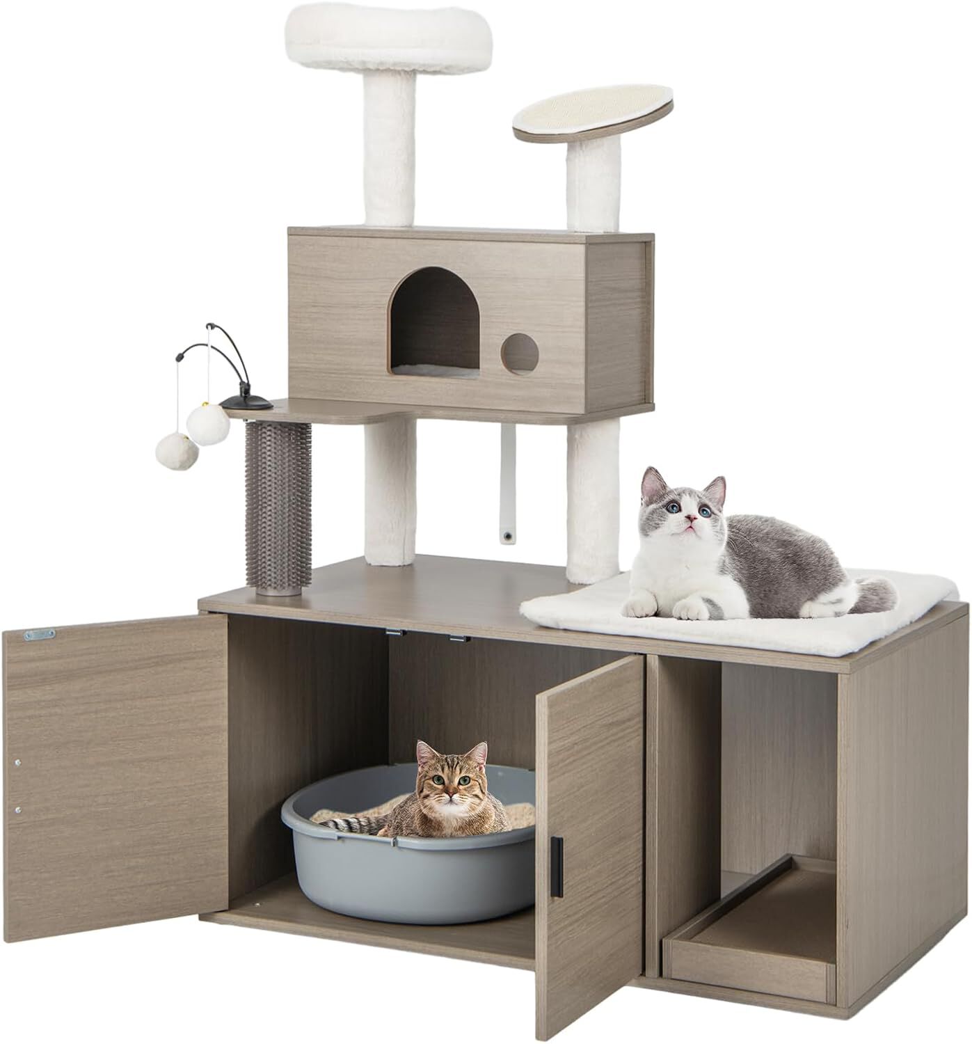 COSTWAY &Aacute;rbol para Gatos con Caja de Arena, Torre para Gatos 2 En 1 con Perca Superior, Tabla para Rascar, Condominios para Gatos, Postes De Sisal, Plataforma, Rampa, Bolas Colgantes (1 Condominio), , large Imagen numero 1