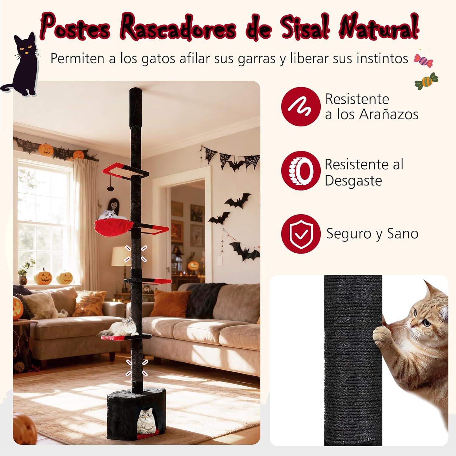 COSTWAY &Aacute;rbol Rascador para Gatos G&oacute;tico de Suelo a Techo, Ajustable de 245-300 cm, Torre Alta de 5 Niveles con Caseta, Hamaca, Postes Rascadores de Sisal, Bola Colgante, Casa de Juegos para Gatitos, , large Imagen numero 3