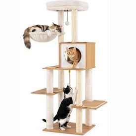 COSTWAY Mueble Rascador para Gatos, 148 cm &Aacute;rbol Rascador para Gatos con Postes Rascadores de Sisal, Condominio, Percha, Cesta, Juguete, Cojines Lavables, Gran Torre de Madera Multinivel para Gatitos
