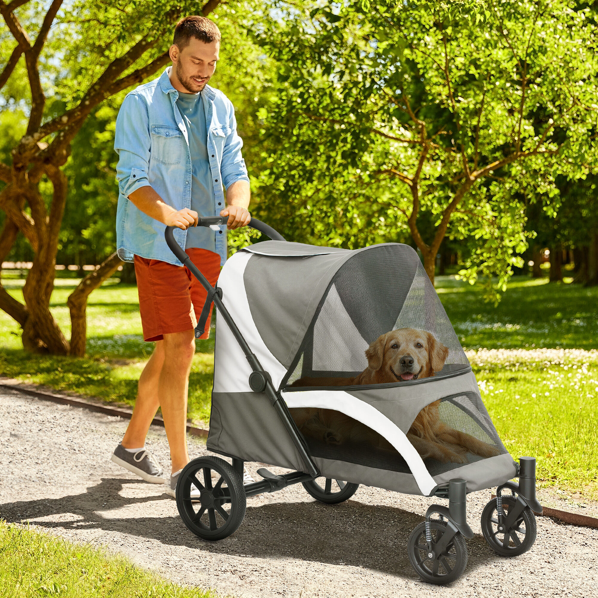 PawHut Carrito para Perros Plegable Cochecito para Perros Grandes hasta 30 kg con Ruedas Grandes Correas de Seguridad Marco Amortiguador Coj&iacute;n Lavable 124x67x100 cm, Gris Oscuro, , large Imagen numero 2