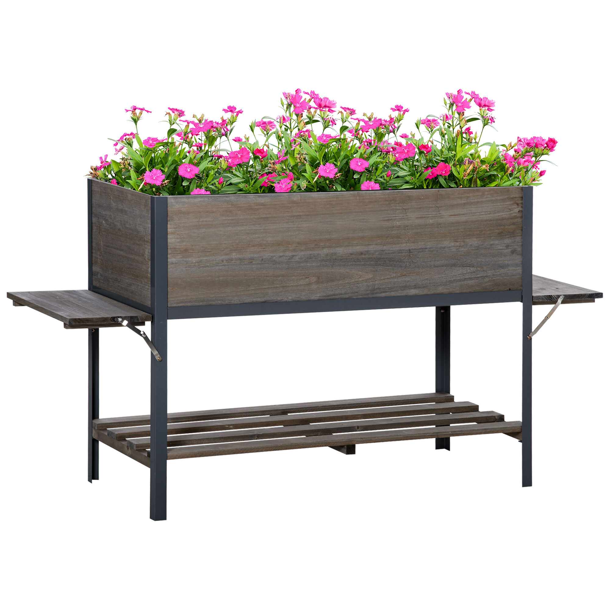 Outsunny Huerto Urbano Elevado de Madera 140x46x75,5 cm Mesa de Cultivo de Jard&iacute;n con 2 Baldas Laterales Estante Inferior y 2 Orificios de Drenaje para Plantas Flores Gris, , large Imagen numero 1