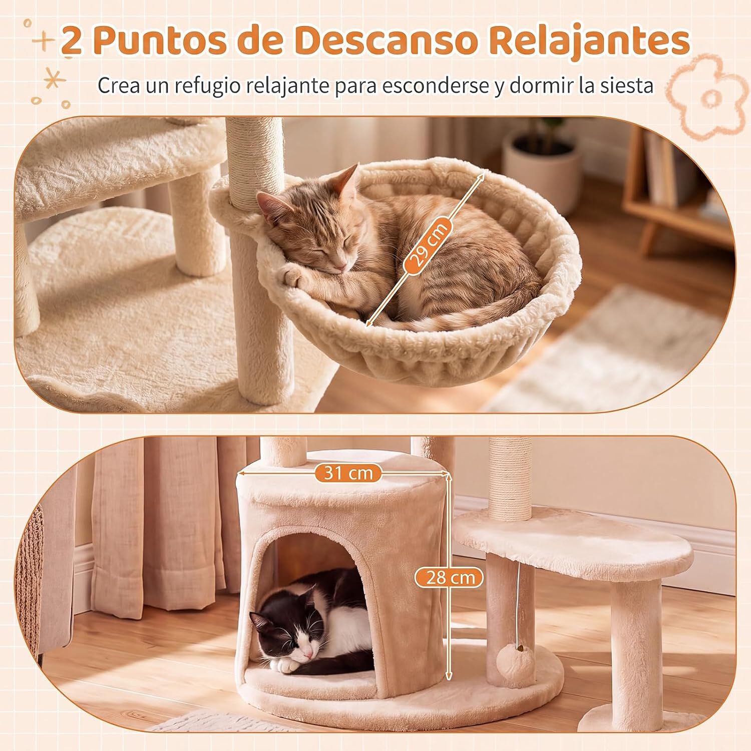 COSTWAY 149 cm Gran &Aacute;rbol Rascador para Gatos con M&uacute;ltiples Niveles | Torre de Juegos con Postes Rascadores de Sisal, Casita, Cesta, Perchas y Juguetes, Centro de Actividades para 2-3 Gatitos, , large Imagen numero 4