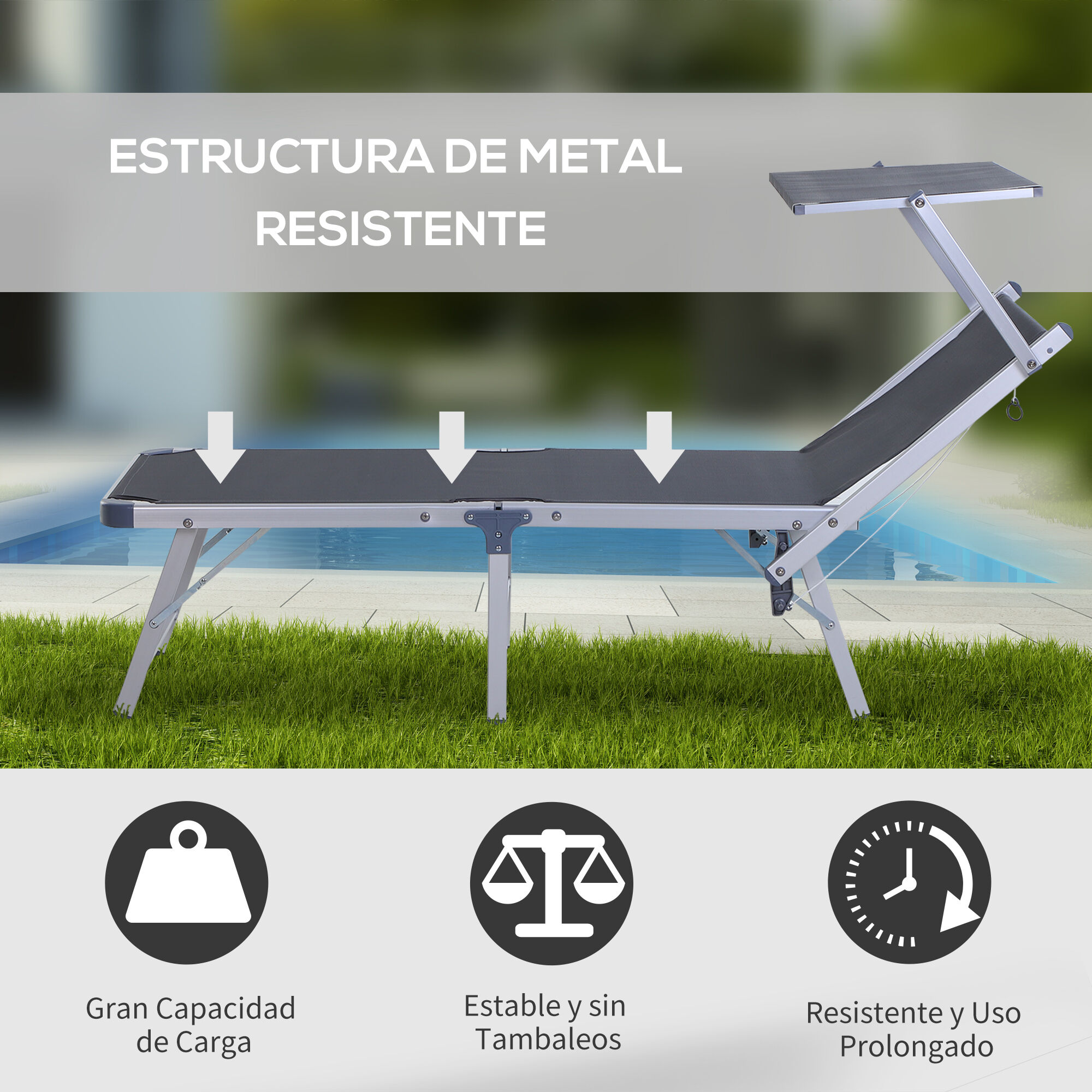 Outsunny Tumbona Plegable y Reclinable de Aluminio con Toldo Incorporado para Piscina Jard&iacute;n Terraza Exterior Carga 120 kg 169x72x50/70cm Gris, , large Imagen numero 5