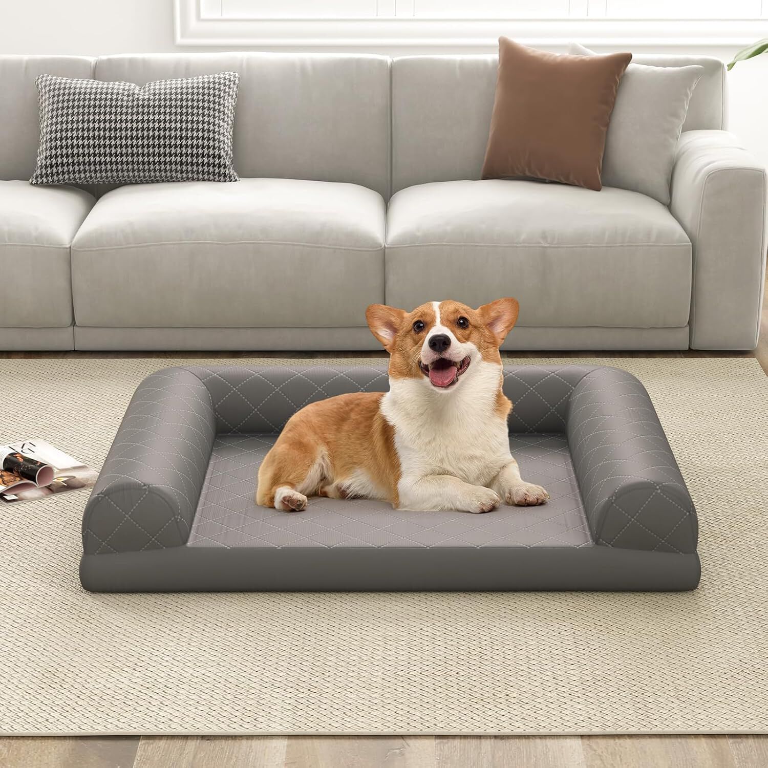 COSTWAY Cama Perros Medianos y Peque&ntilde;os, 90x69x18 cm, Cama Ortop&eacute;dica para Perros con Espuma de Huevo y Coj&iacute;n de 3 Lados, Base Antideslizante, Sof&aacute; para Mascotas, Desenfundable y Lavable (Gris), , large Imagen numero 2