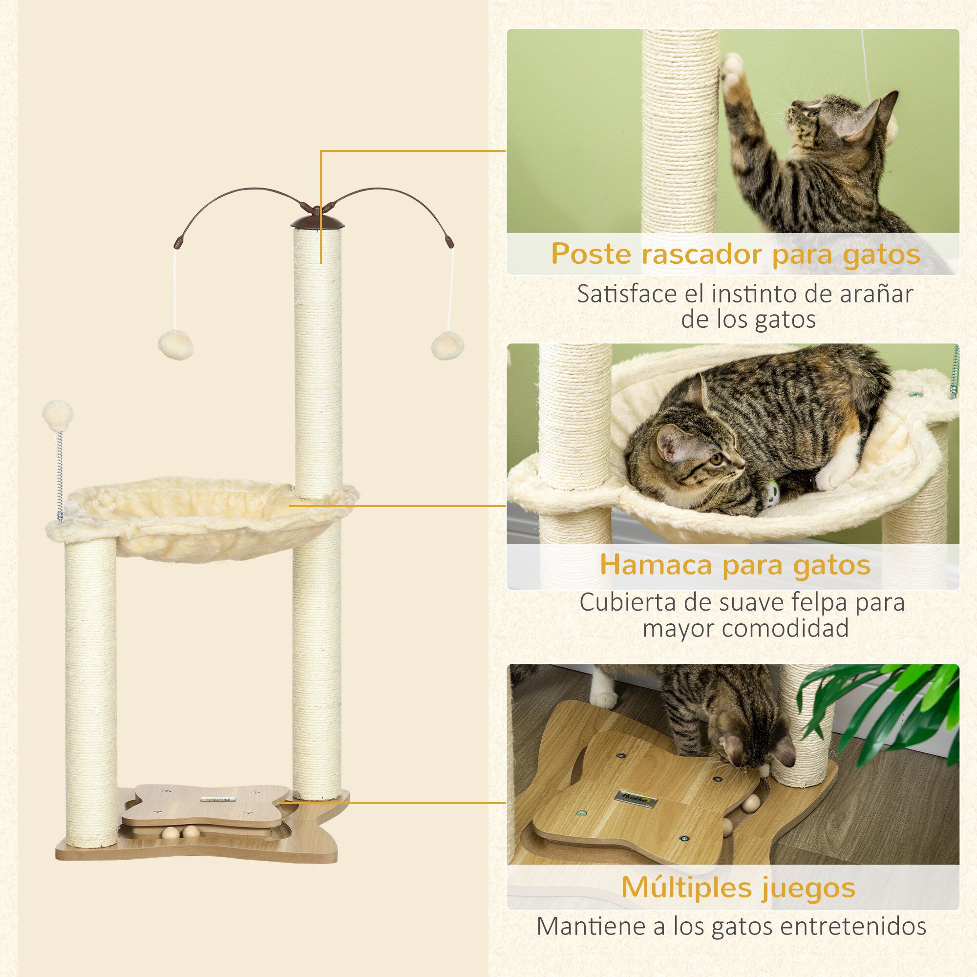 PawHut &Aacute;rbol Rascador para Gatos con Hamaca Postes de Sisal, , large Imagen numero 5