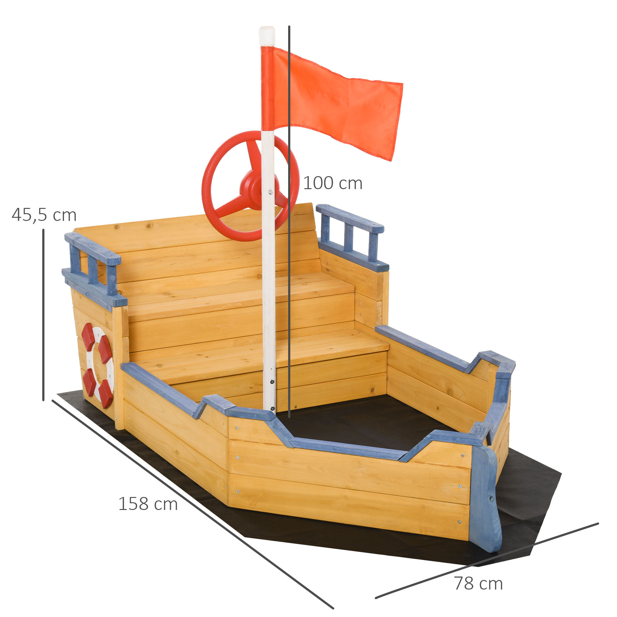 Outsunny Arenero Infantil de Madera Dise&ntilde;o de Gale&oacute;n con 2 Escalones Banco con Almacenaje Bandera y Tim&oacute;n Caj&oacute;n de Arena de Jard&iacute;n para Ni&ntilde;os de +3 A&ntilde;os 158x78x45,5 cm Natural, , large Imagen numero 3