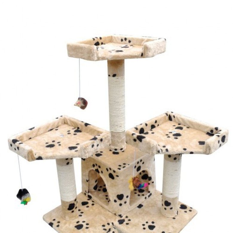 Rascador poste y 2 casas para gatos color Beige Huellas, , large image number null