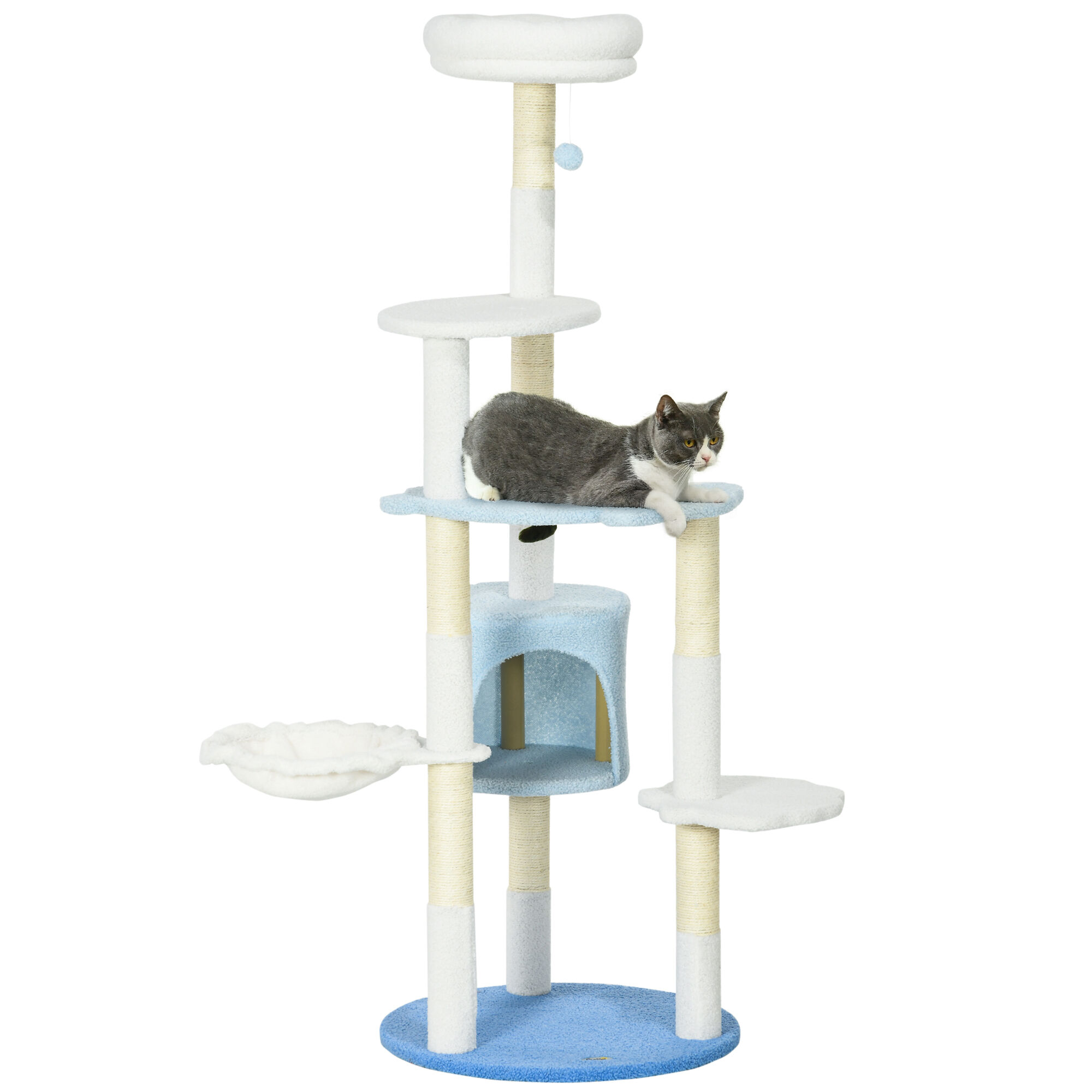 PawHut &Aacute;rbol Rascador para Gatos Grandes de 155 cm Torre para Gatos de Interior con Postes de Sisal Cueva Cama Hamaca y Bola de Juguete &Oslash;54,5x155 cm Blanco y Azul, , large Imagen numero 1