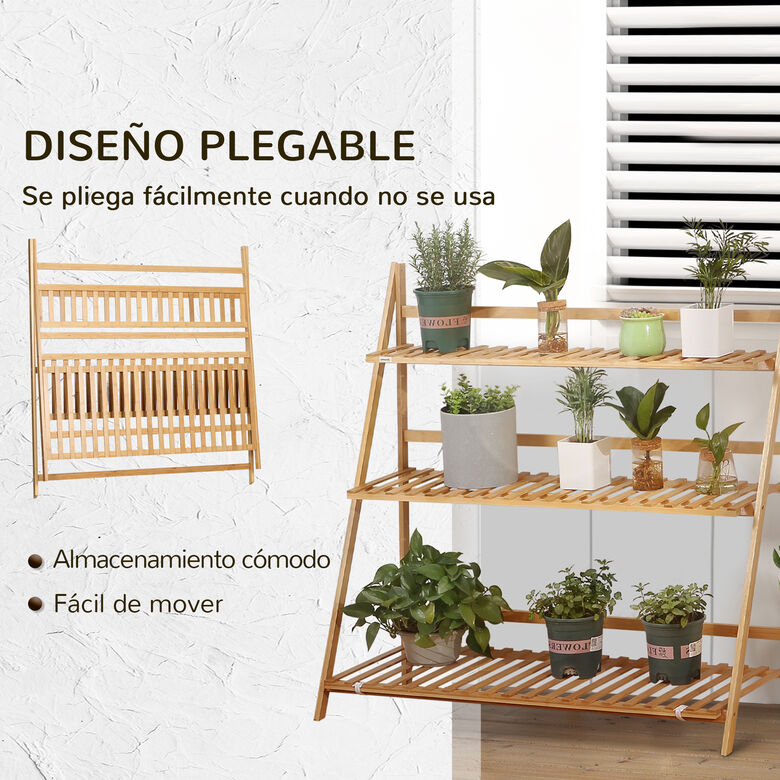Outsunny Estantería para Plantas de 3 Niveles de Bambú Soporte para Flores y Macetas thumbnail