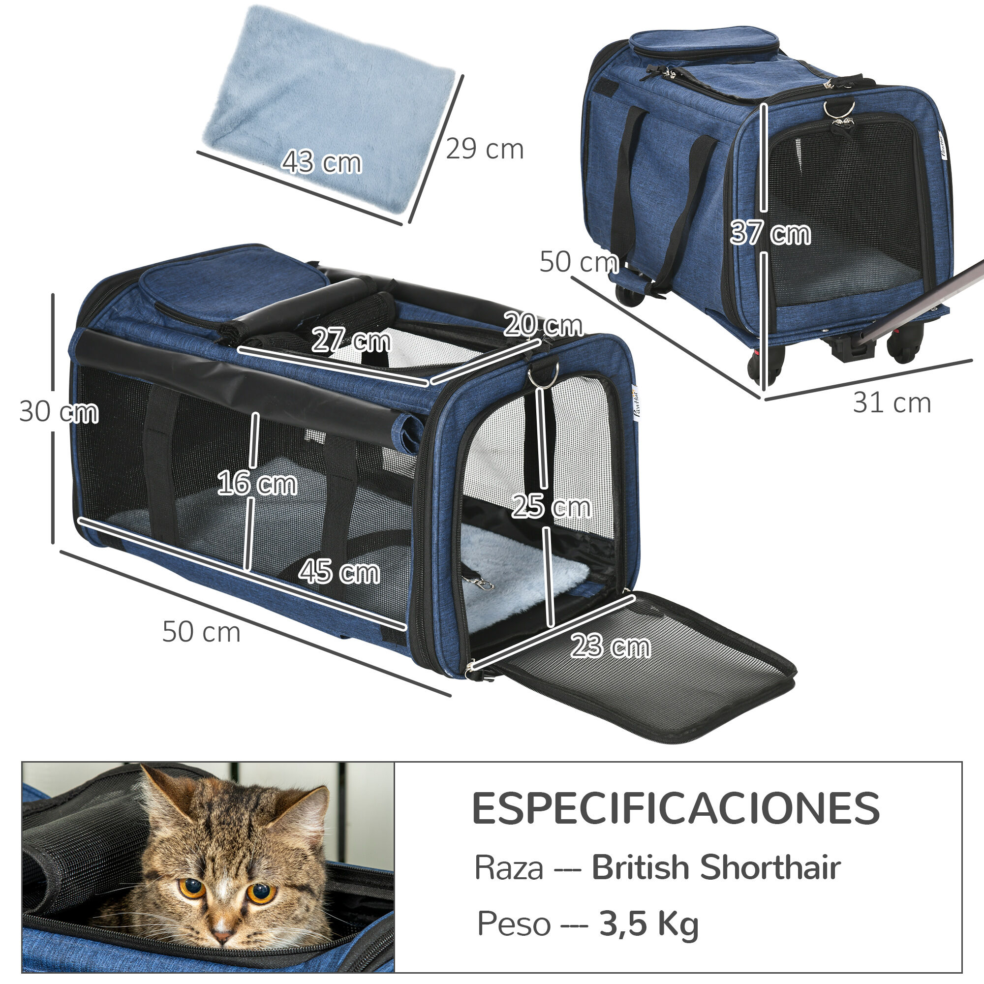PawHut 4 en 1 Transportadora para Mascotas con Ruedas Carrito para Mascotas Bolsa de Transporte para Perros Gatos con Asa Telesc&oacute;pica de Aluminio 50x31x37 cm Azul, , large Imagen numero 3