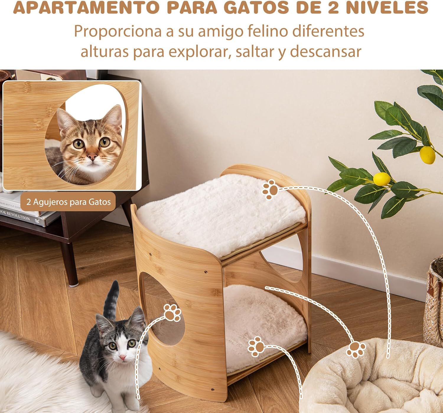 COSTWAY Casa de Gatos de 2 Niveles, Cama de Gato Curva con Marco de Bamb&uacute; Natural, 2 Alfombrillas de Felpa Suaves Extra&iacute;bles y Lavables, 2 Agujeros para Gatos, Natural+Blanco, 40 x 33 x 41 cm, , large Imagen numero 4