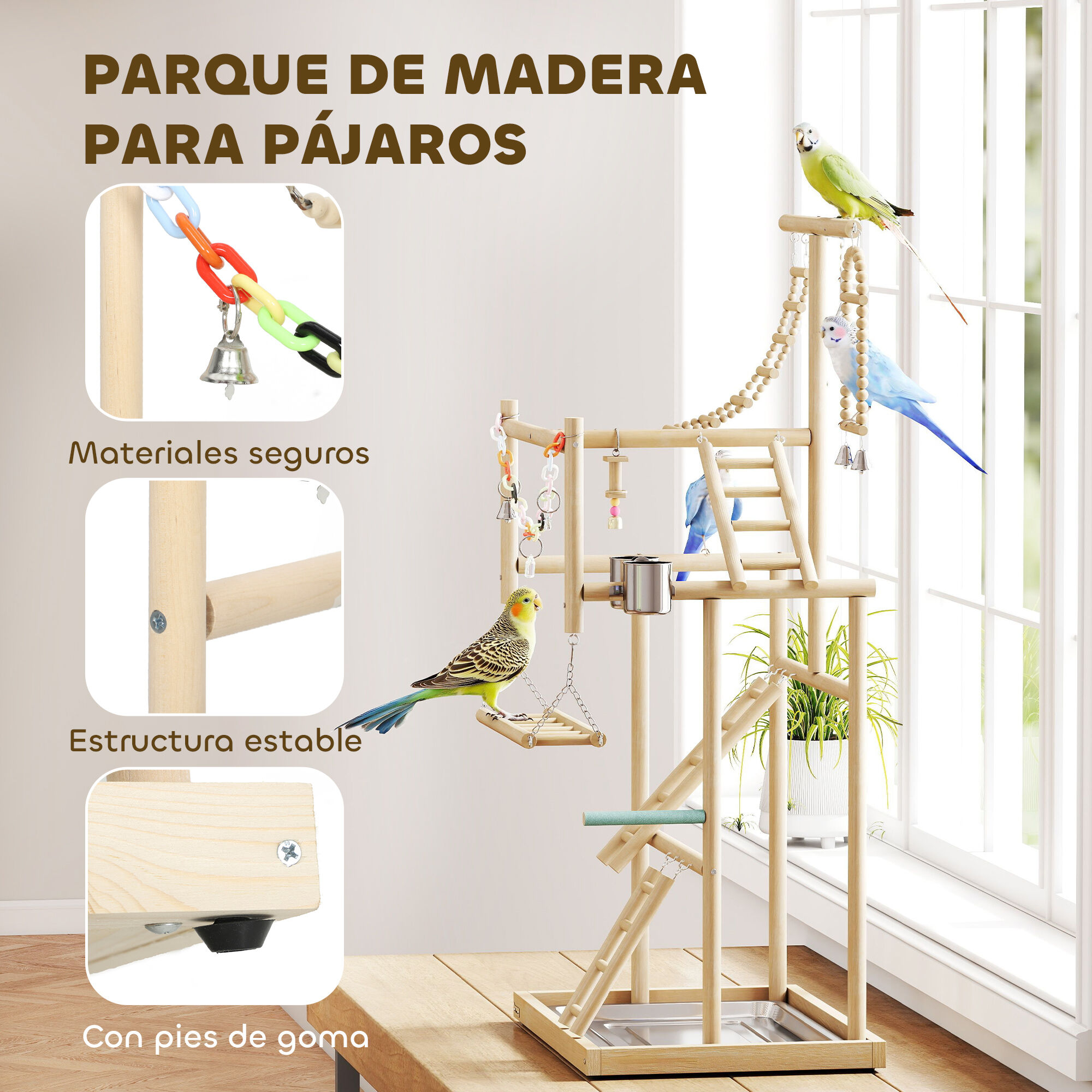 PawHut Parque de Juegos para P&aacute;jaros, Soporte de Madera para P&aacute;jaros con Escaleras, Columpio, Juguete de Cadena, Bandeja, Comederos, para Periquitos, Cacat&uacute;as, Cotorras, Agapornis, 48x38x95 cm, , large Imagen numero 4