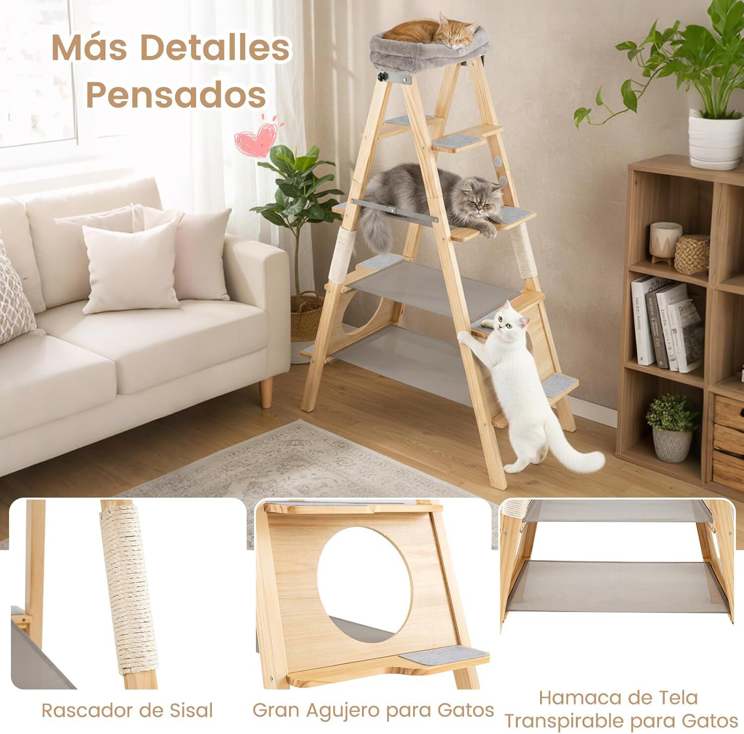 COSTWAY &Aacute;rbol para Gatos de Madera Maciza, 151 cm, Rascador Gato Plegable con Escalera, Torre Alta para Gatitos de 5 Niveles con Cama, Perchero Tapizado y Poste Rascador de Sisal, Natural y Gris, , large Imagen numero 2