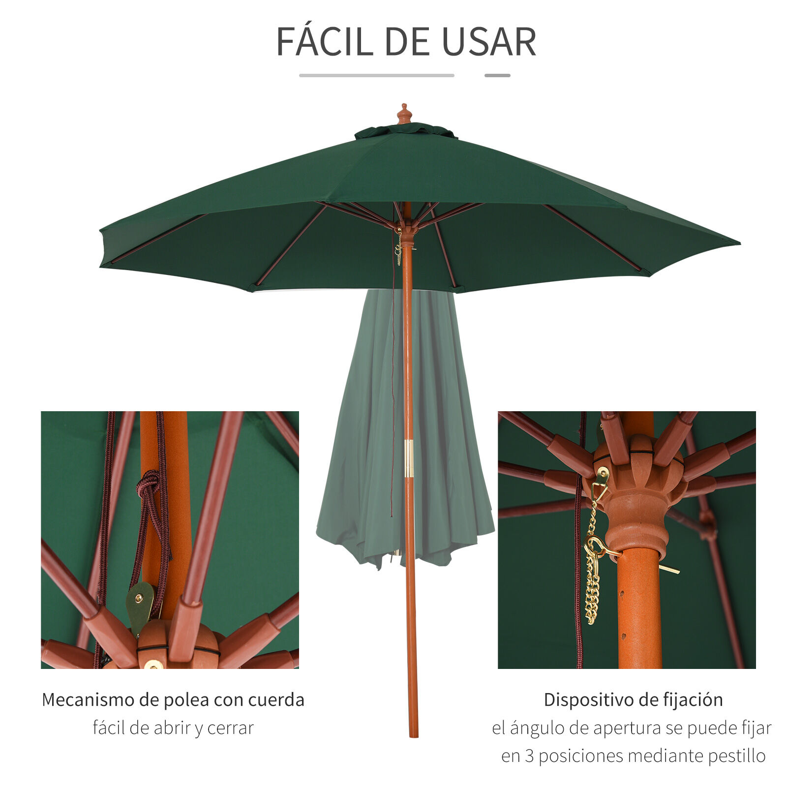 Outsunny Sombrilla Parasol con Poste Desmontable de Madera &Aacute;ngulo Ajustable Ventilaci&oacute;n Sistema de Polea para Exterior Jard&iacute;n Patio Piscina Terraza &Oslash;257x253 cm Verde Oscuro, , large Imagen numero 4