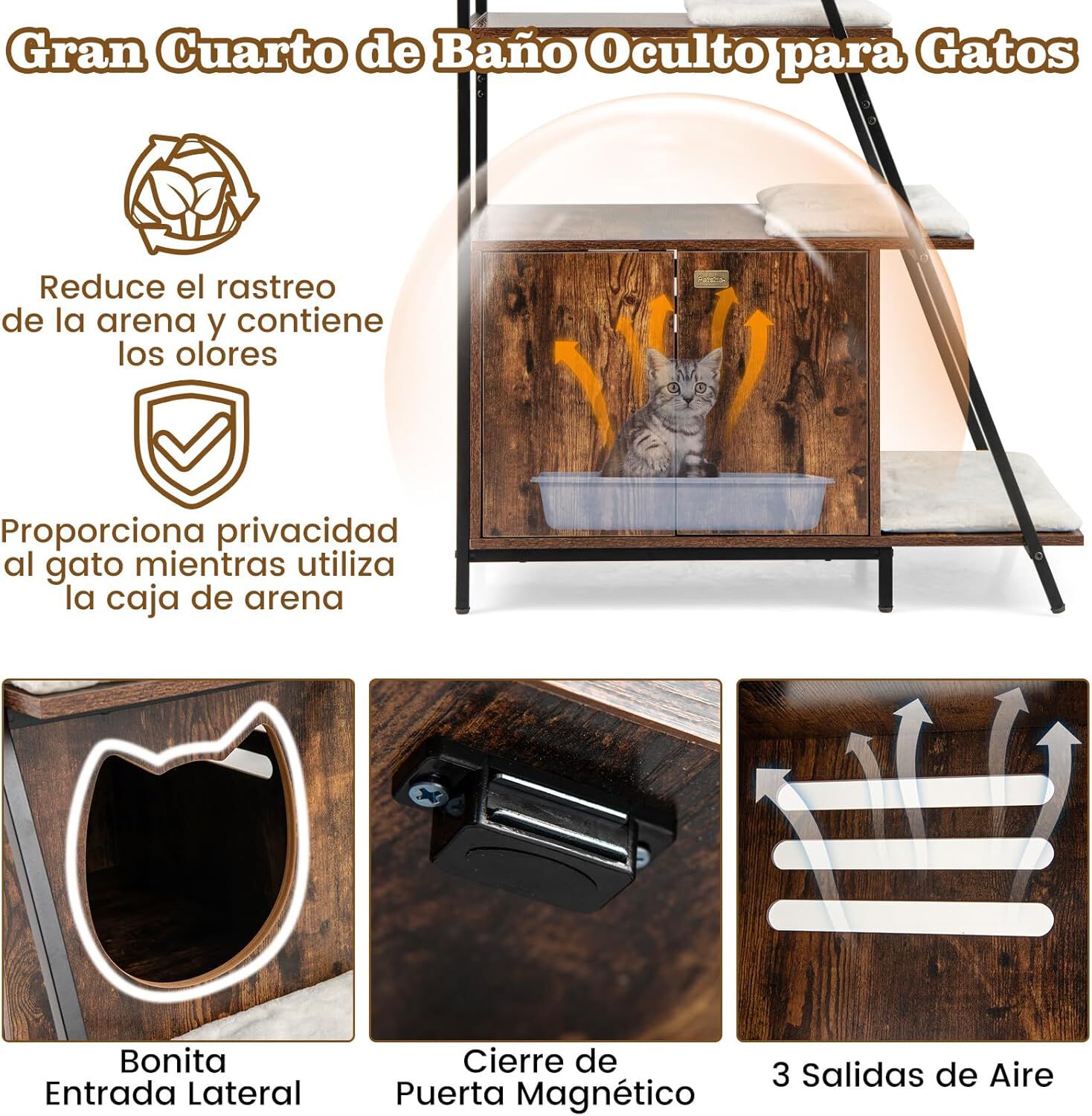 COSTWAY Caja de Arena para Gatos, Mueble de Ba&ntilde;o Oculto para Gatos con Escalera de 5 Niveles, 5 Alfombrillas Extra&iacute;bles y Entrada Lateral, Estante Esquinero Alto, 92,5 x 49 x 149 cm (Industrial), , large Imagen numero 3