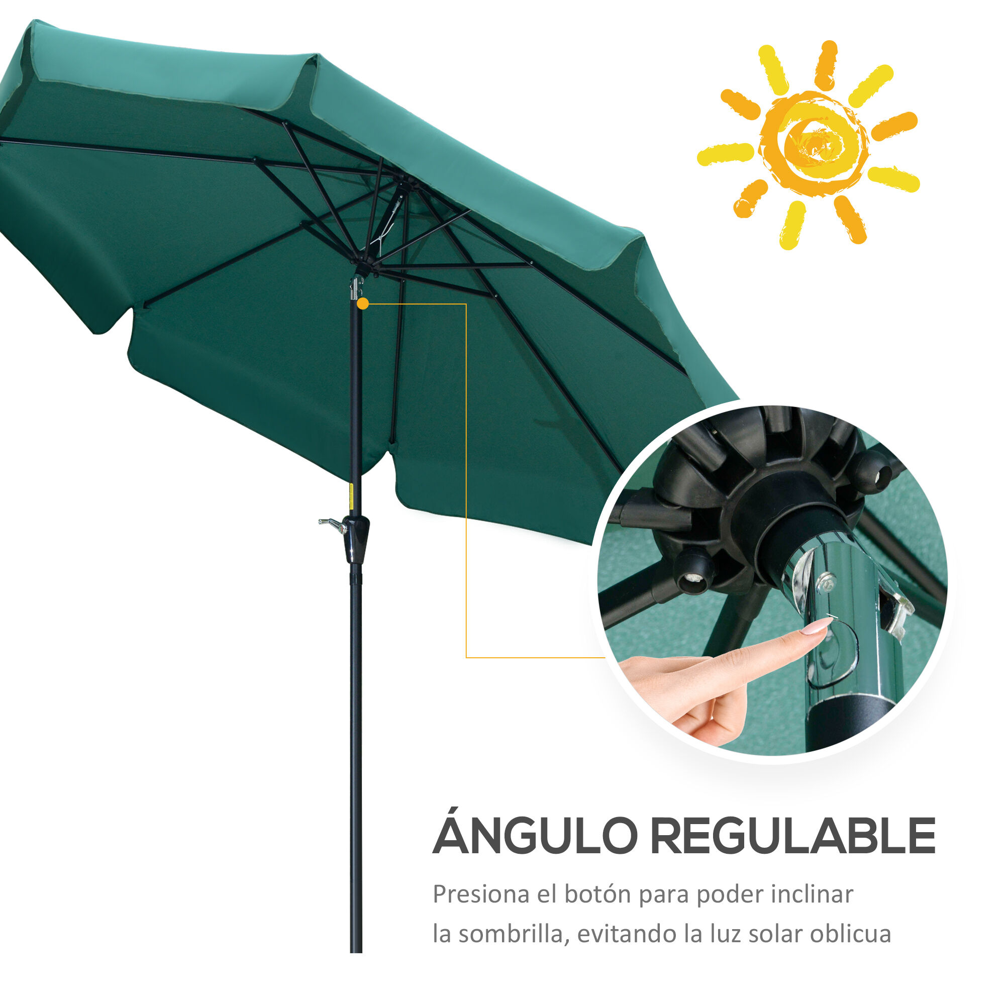 Outsunny Sombrilla de Jard&iacute;n &Oslash;266x250 cm Parasol de Jard&iacute;n de Aluminio con &Aacute;ngulo Ajustable Protecci&oacute;n UV50+ Techo de Ventilaci&oacute;n y Manivela para Terraza Balc&oacute;n Exterior Verde, , large Imagen numero 4