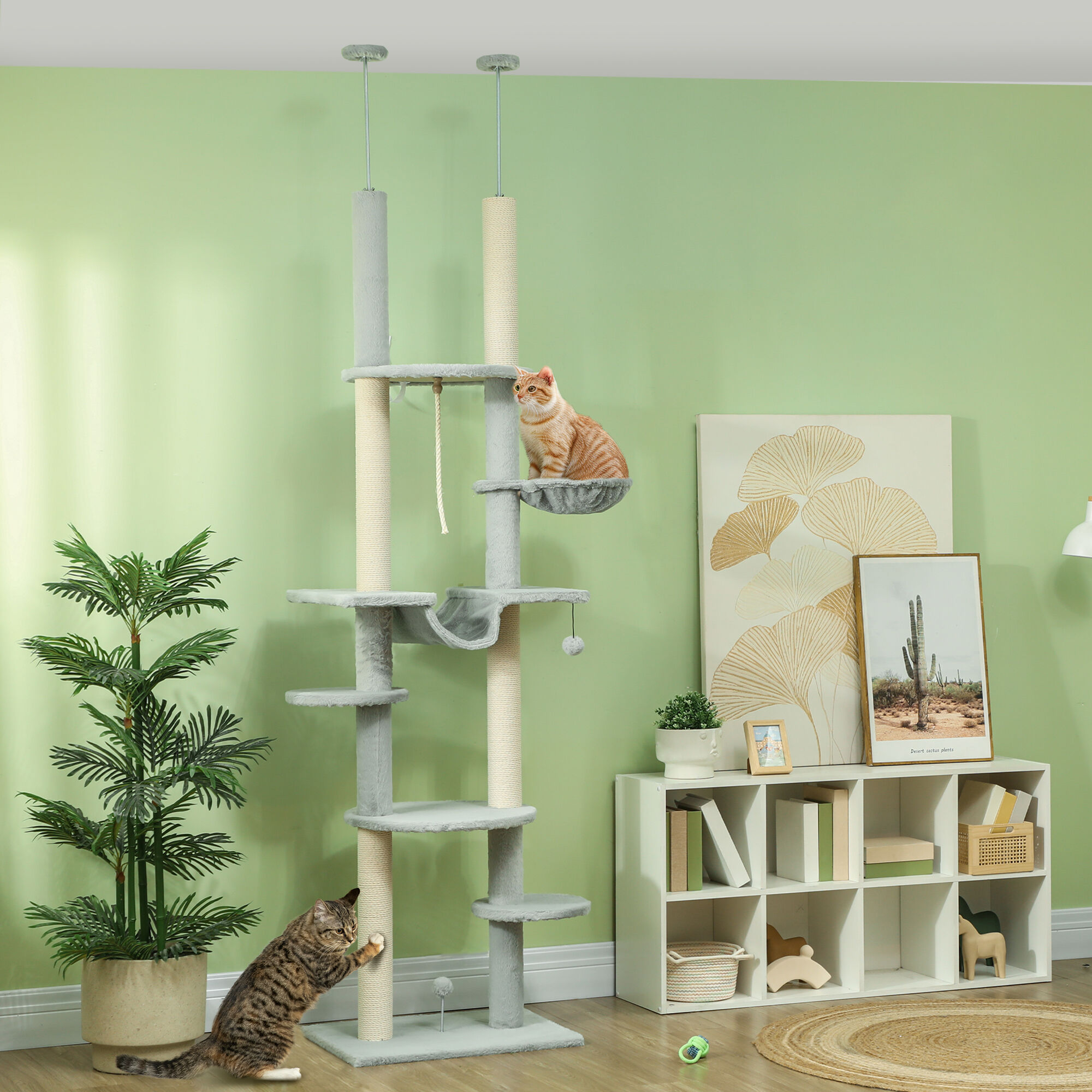 PawHut &Aacute;rbol para Gatos de Suelo a Techo 225-255 cm &Aacute;rbol Rascador para Gatos de 7 Niveles Torre para Gatos con Hamacas Plataformas Juguete de Cuerda Bola de Juguete Gris, , large Imagen numero 2