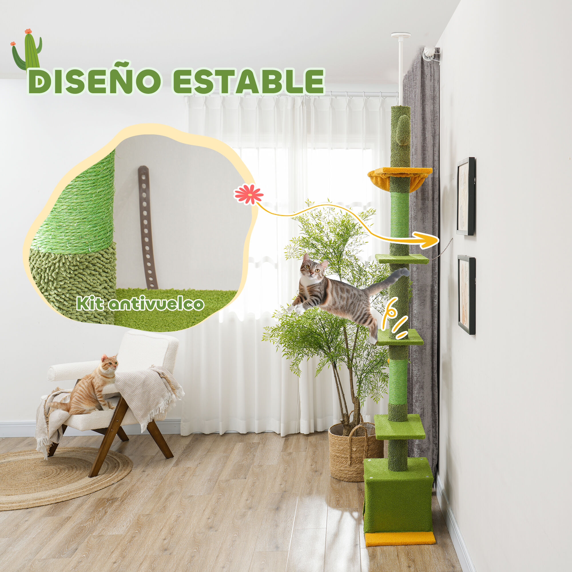 PawHut Árbol para Gatos de Suelo a Techo de 230-275 cm, Torre para Gatos con Altura Ajustable, Plataformas, Cueva, Hamaca, Postes de Sisal y Bola de Juguete, Verde thumbnail