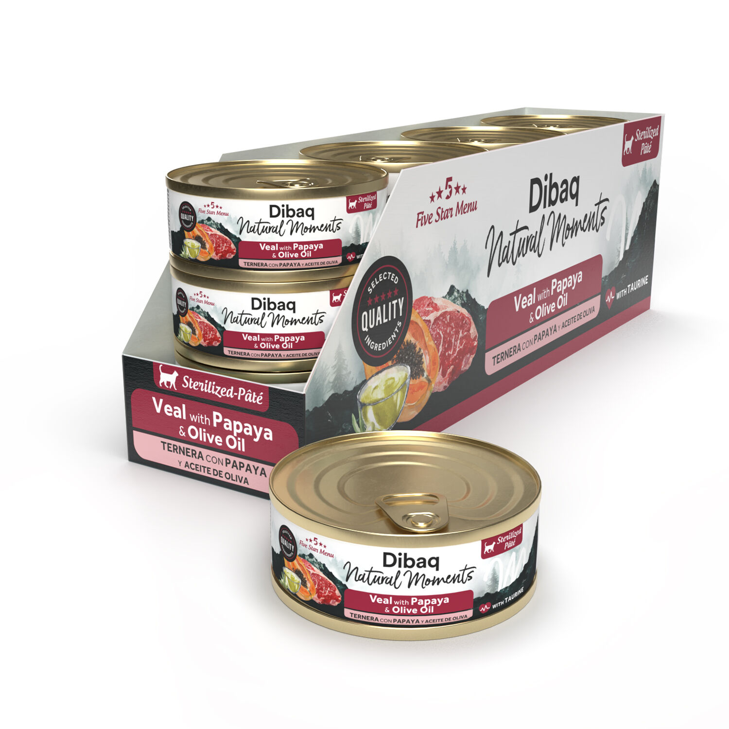 Dibaq Natural Moments 5 Star Esterilizado Ternera con Papaya, 12 latas x 70gr, , large Imagen numero 2