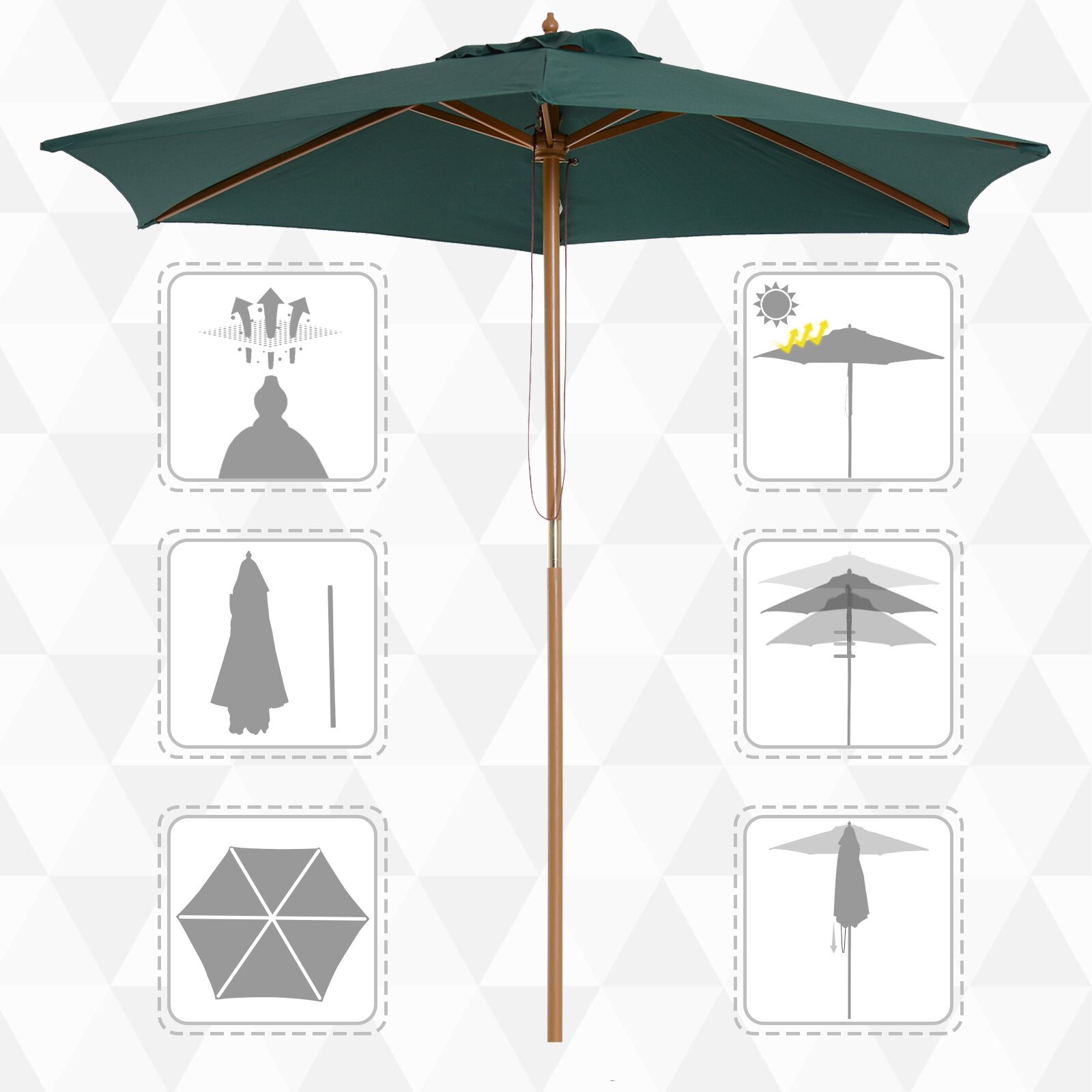 Outsunny Sombrilla de Jard&iacute;n &Oslash;250x230 cm Parasol de Terraza con 6 Varillas Poste Desmontable Anti-UV Impermeable y Marco de Madera para Playa Patio Verde, , large Imagen numero 4