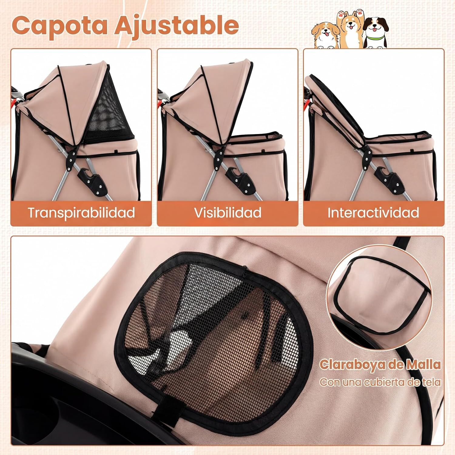 COSTWAY Cochecito para Mascotas, Carrito para Perros Plegable con Ruedas Grandes, Malla Transpirable, Cubierta Impermeable, Portavasos y Cesta, Carro para Perros Peque&ntilde;os y Gatos hasta 15 kg, Beige, , large Imagen numero 3