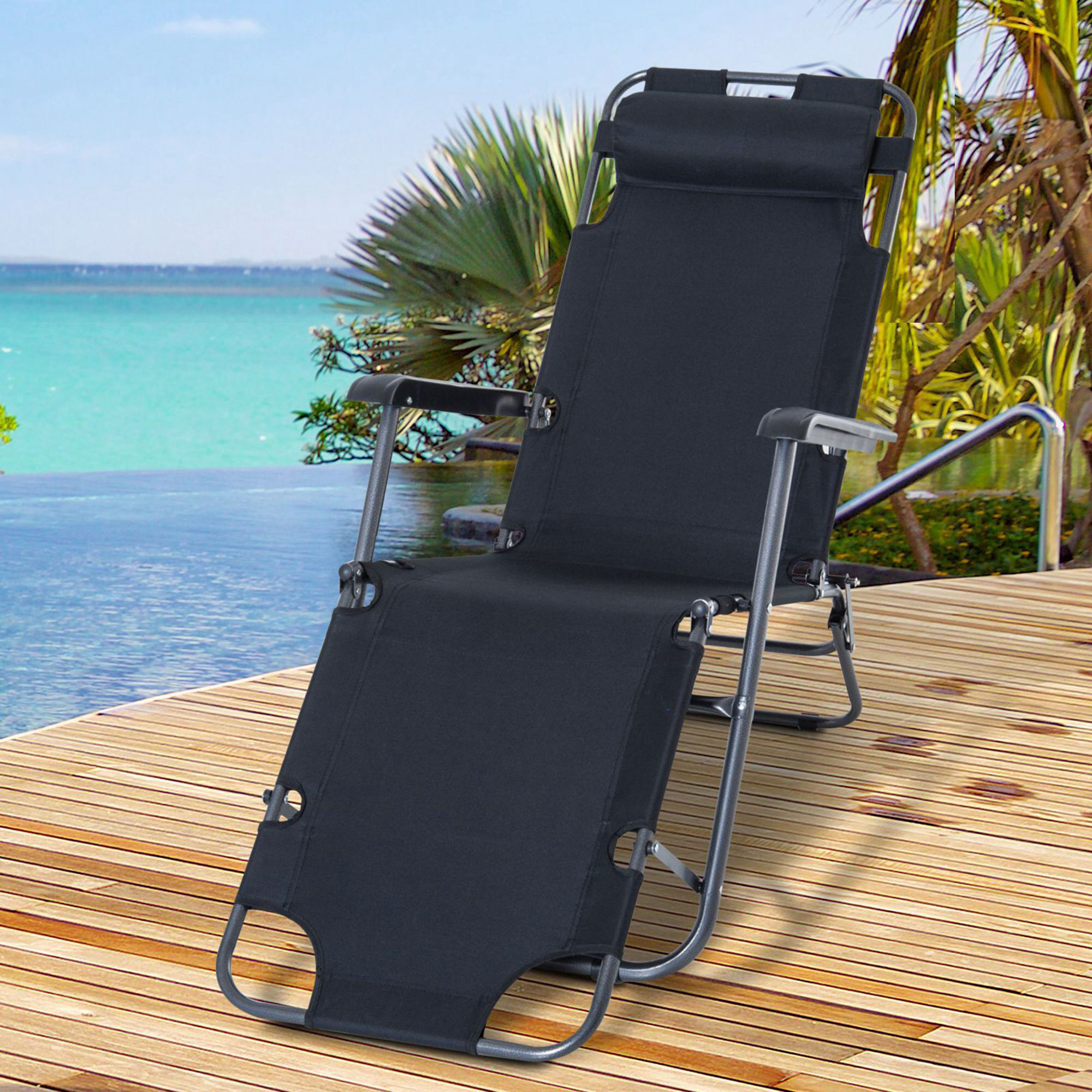 Outsunny Tumbona Reclinable y Plegable Silla de Playa Tumbona Relax Plegable con Respaldo Ajustable Reposabrazos Almohada y Reposapi&eacute;s para Jard&iacute;n Balc&oacute;n Carga 136 kg 135x60x89 cm Negro, , large Imagen numero 2
