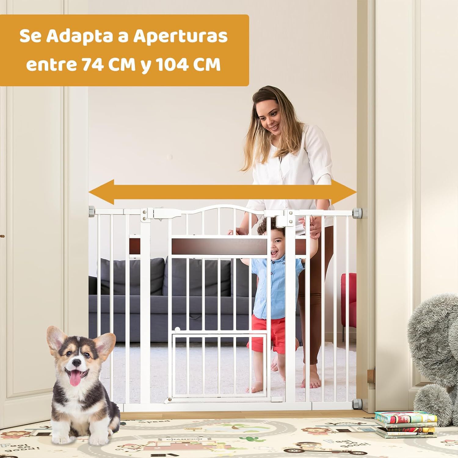 COSTWAY Barrera de Seguridad para Perros, 74-104 x 76 cm Barrera para Mascotas Extensible con Puerta Pequeño, Cierre Automático y Sistema de Doble Bloqueo, Puerta de Seguridad para Niños (Blanco) thumbnail