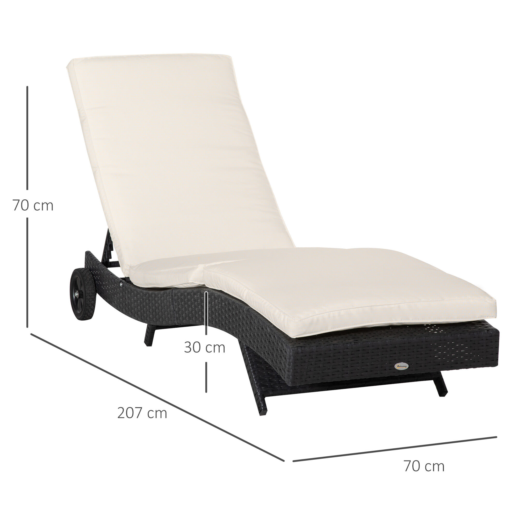 Outsunny Tumbona de Rat&aacute;n Reclinable Tumbona de Jard&iacute;n en Forma de S con 2 Ruedas Respaldo Ajustable en 5 Posiciones y Coj&iacute;n Extra&iacute;ble para Patio Terraza 207x70x70 cm Negro y Crema, , large Imagen numero 3