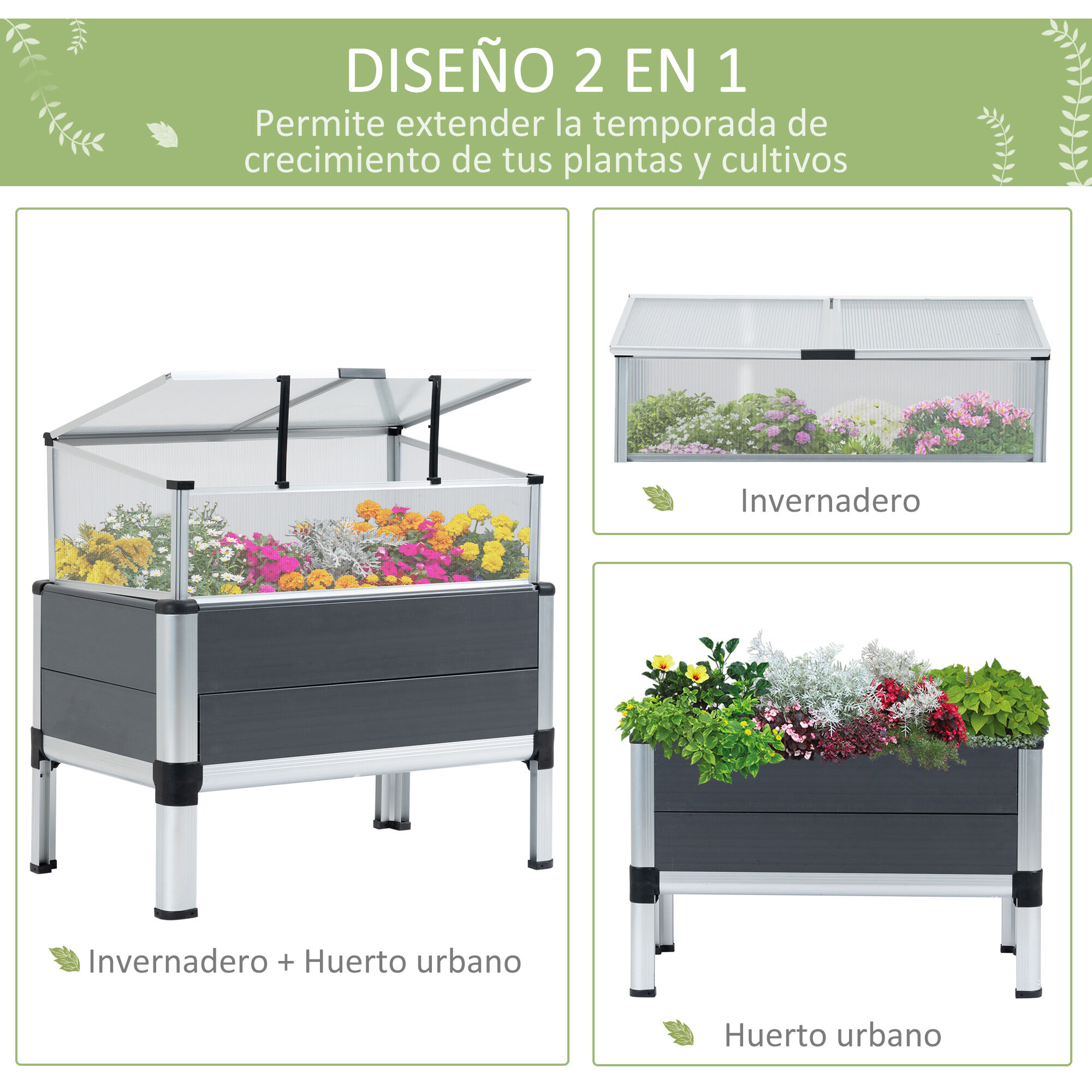 Outsunny Huerto Urbano Elevado de Aluminio 78,5x47x74,5 cm Macetero con Cubierta de Policarbonato y Techos Abatibles para Cultivos Planta Flores Gris, , large Imagen numero 4