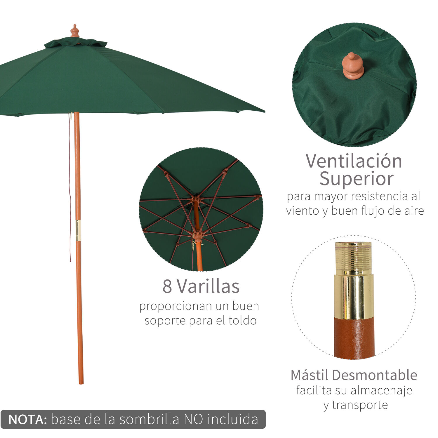 Outsunny Sombrilla Parasol con Poste Desmontable de Madera &Aacute;ngulo Ajustable Ventilaci&oacute;n Sistema de Polea para Exterior Jard&iacute;n Patio Piscina Terraza &Oslash;257x253 cm Verde Oscuro, , large Imagen numero 5
