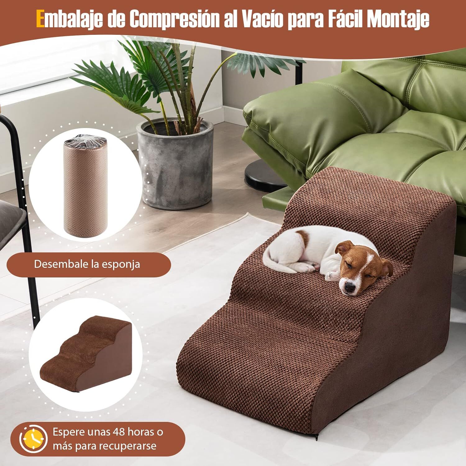 COSTWAY Rampa para Perros de 3 Niveles de Espuma, Pelda&ntilde;os para Perros Antideslizantes con Esponja de Alta Densidad, Huellas de Silicona, Escalera Suave para Perros Peque&ntilde;os y Mayores, Color Caf&eacute;, , large Imagen numero 2