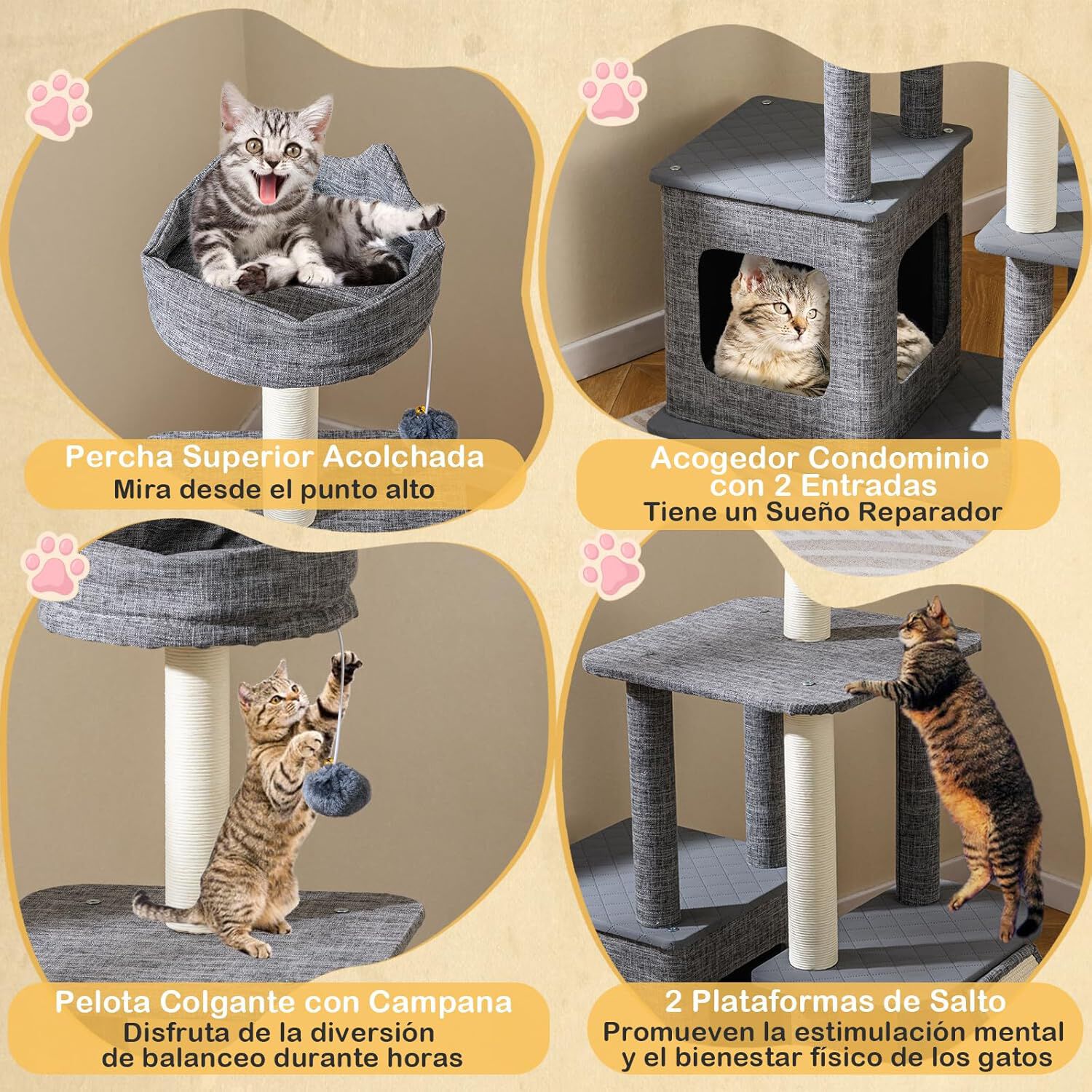 COSTWAY Rascador para Gatos, Arbol Rascador para Gatos de 3 Niveles con 2 Postes y Rampa Rascadores, Cama Superior, Pelota Colgante y Plataformas de Salto, Centro de Actividades de Gatos, , large Imagen numero 2