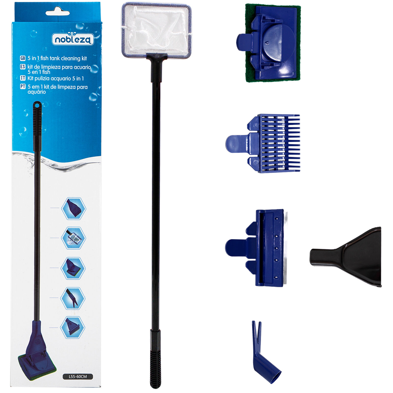 Nobleza - Limpieza Acuario, 5 en 1 Kit de Limpiador Acuario con Red, Esponja de Limpieza en &Aacute;ngulo Recto,  Rastrillo de Grava, Rascador para Vidrio, Esponja Plana Grande, , large Imagen numero 1