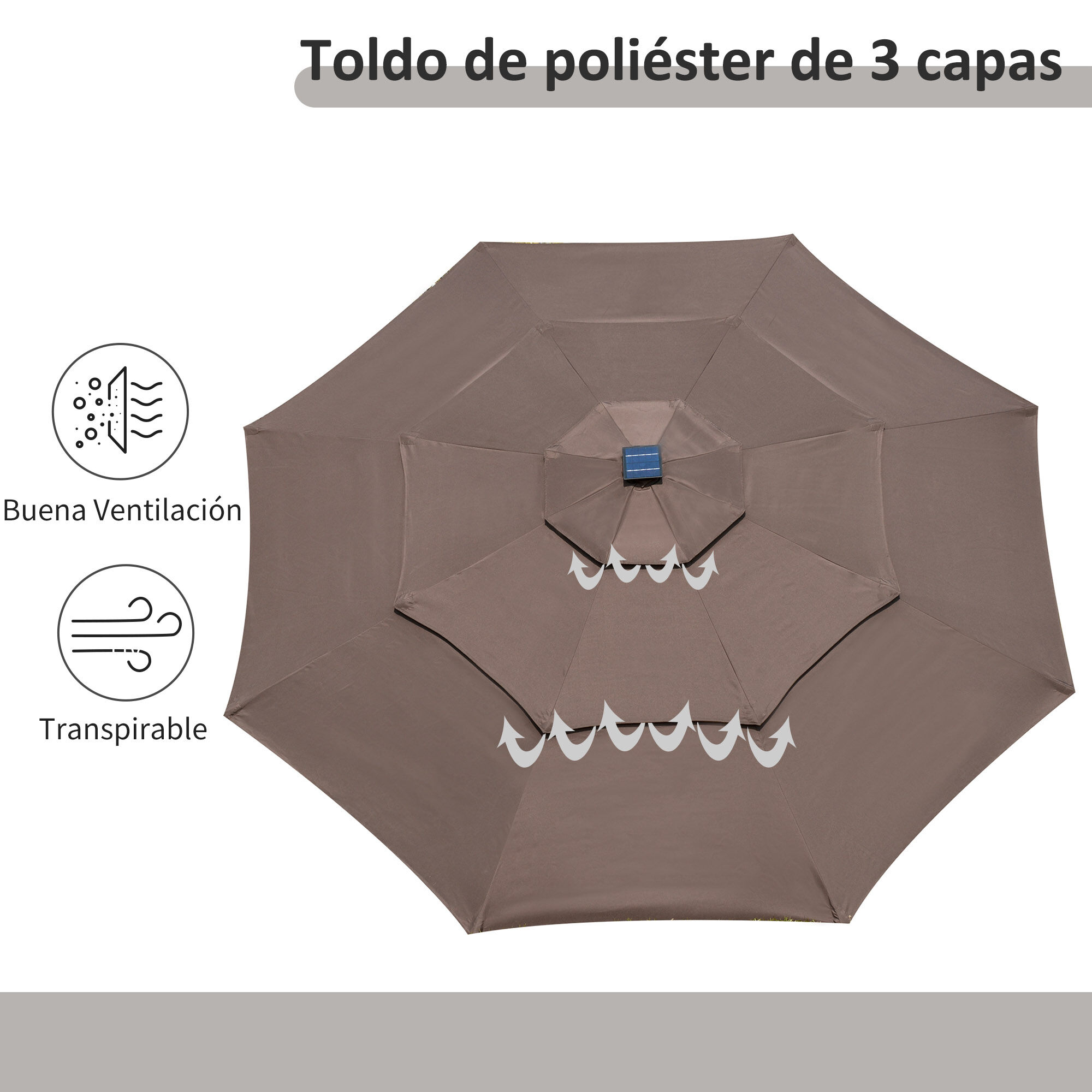 Outsunny Sombrilla de Jard&iacute;n &Oslash;300x250cm con Luces LED y Panel Solar Manivela &Aacute;ngulo Ajustable en 3 Posiciones Parasol para Patio Terraza Piscina Caf&eacute;, , large Imagen numero 5