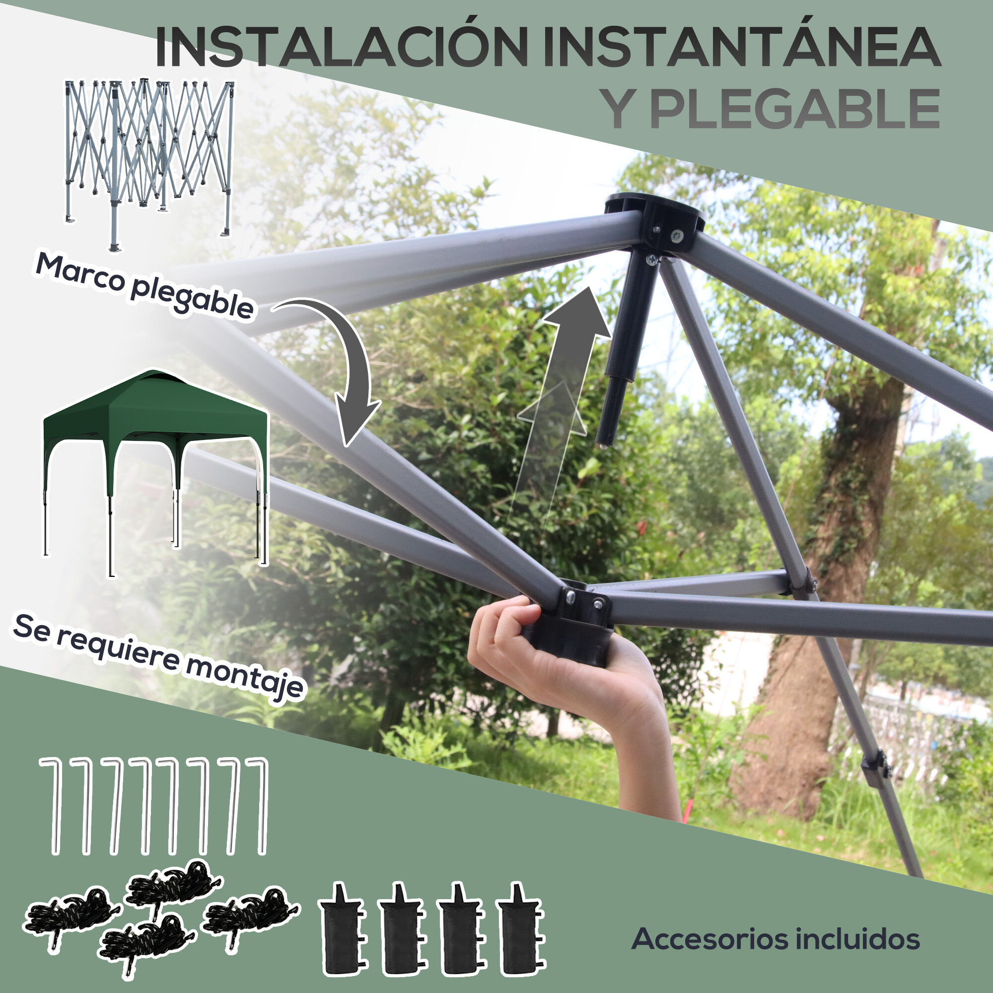 Outsunny Cenador Plegable 2,5x2,5x2,68 m Carpa de Jard&iacute;n Protecci&oacute;n UV 50+ Ajustable en Altura con 4 Bolsas de Arena y Bolsa de Transporte para Camping Fiestas Patio Verde Oscuro, , large Imagen numero 5